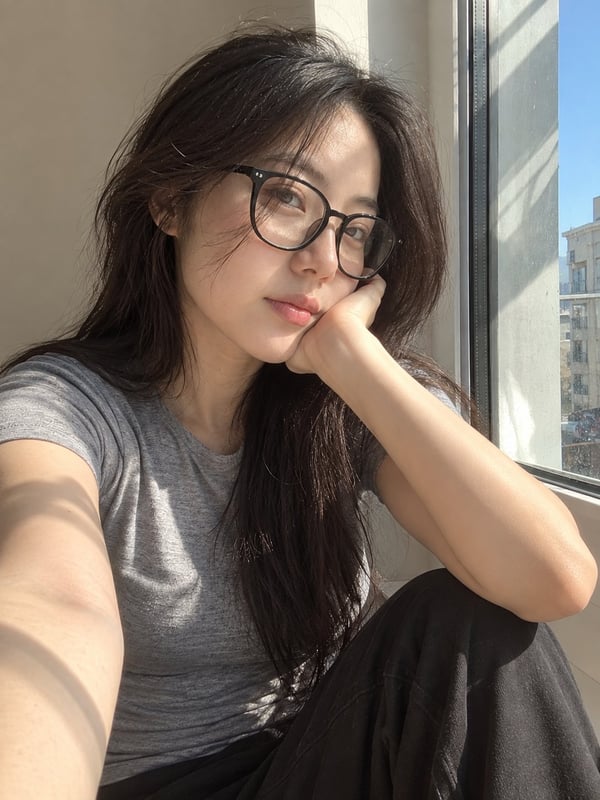 窗边圆框眼镜少女自拍 图 2