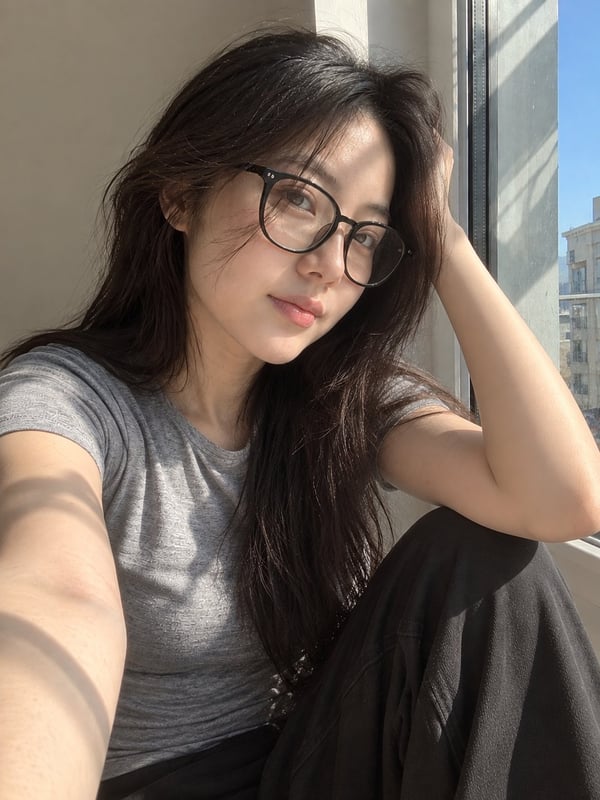窗边圆框眼镜少女自拍 图 3