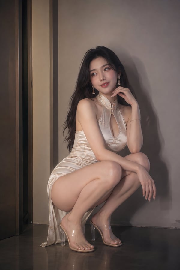 香槟白旗袍亚洲蹲 图 1