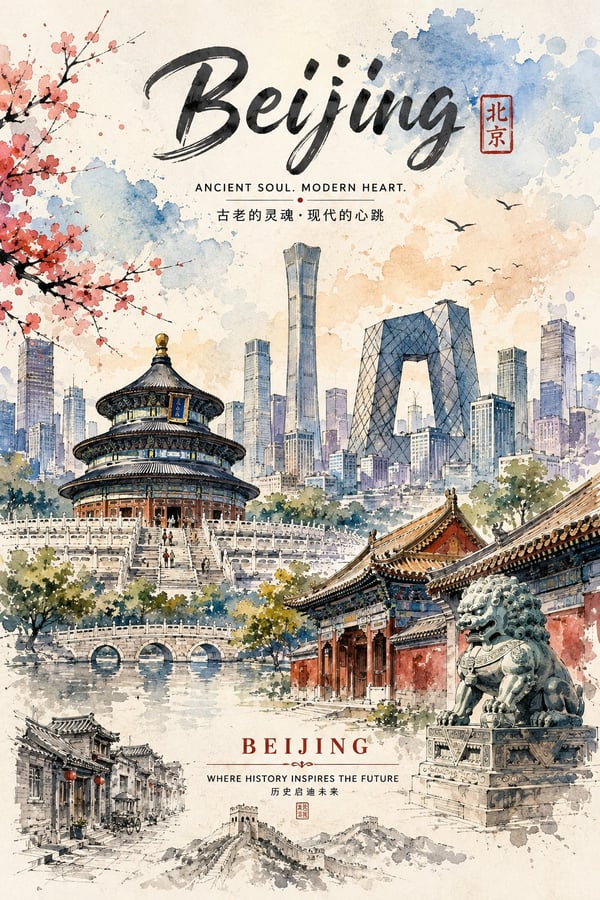 水彩城市旅行海报 图 1