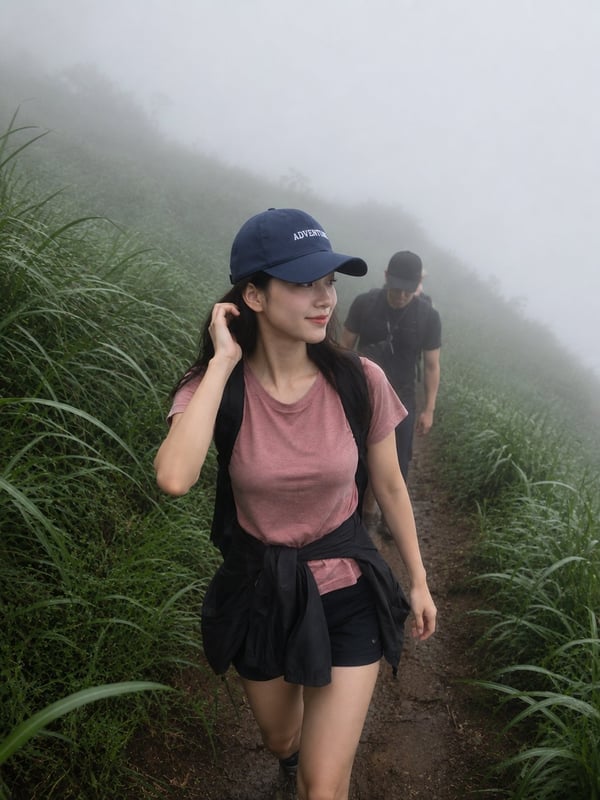 迷雾山谷徒步少女 图 1
