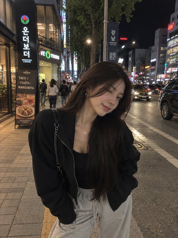 首尔夜街的黑色夹克少女 图 1