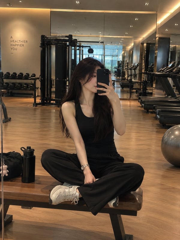 高级健身房里的对镜自拍 图 1