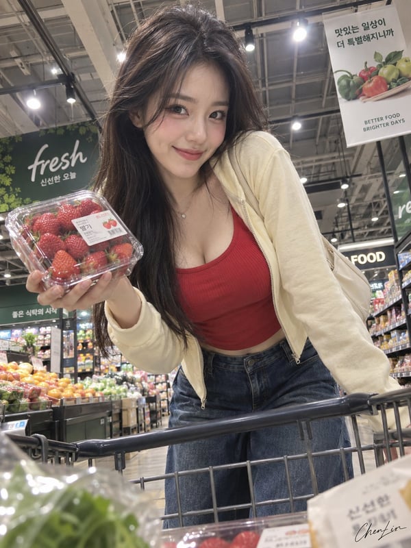 超市草莓撒娇少女 图 2