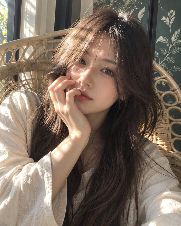 窗边藤椅暖光少女 图 1