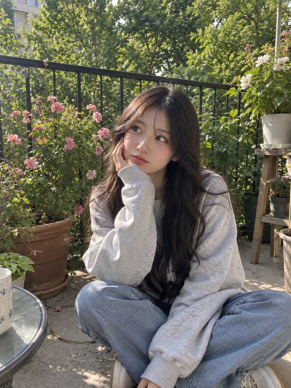 露台花园静坐少女 图 1