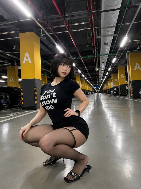 地下车库蹲姿街拍 图 1